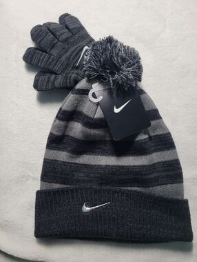 Nike Youth Black & Gray Striped Pom Beanie with Matching Gloves